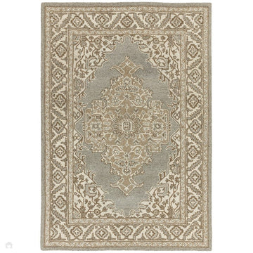 Bronte Traditional Persian Medallion Bordered Hand-Woven Textured Fine Wool Loop Pile Low Profile Short Pile Pile Natural/Beige/Grey Rug-Asiatic Carpets-Rug Love - The Most Loved Rug Store
